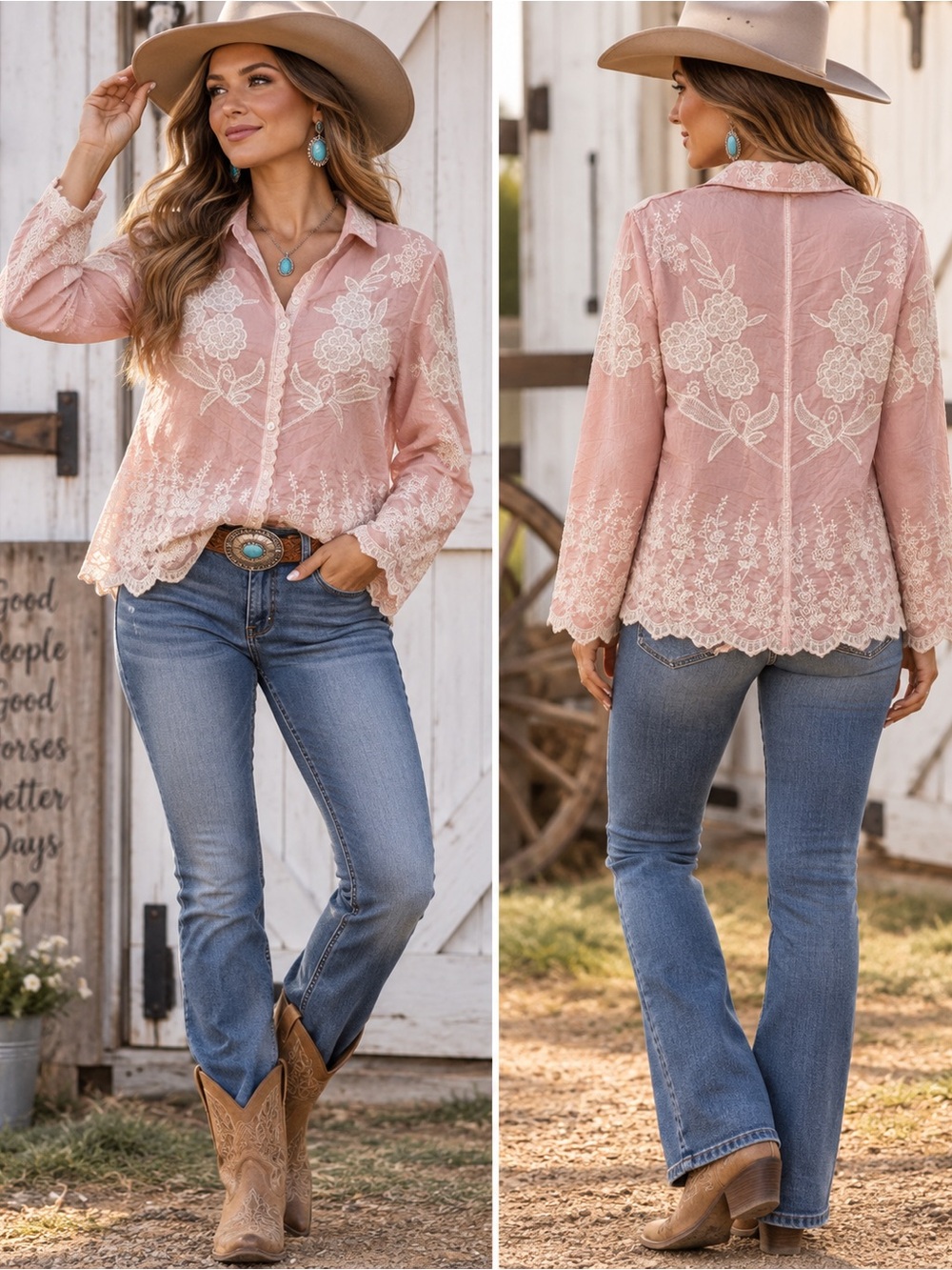 POL One Size Pink Embroidered Lace Button Front Boho Blouse
